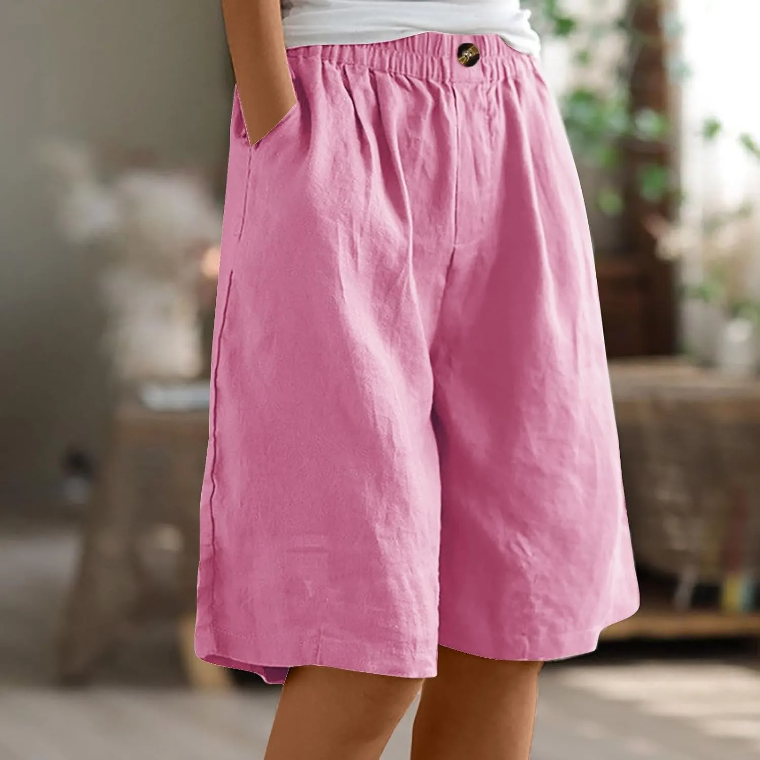 Cotton Linen Shorts for Women Loose Fit Knee Length Bermuda Shorts Casual Wide Leg Elastic Waist Workout Shorts