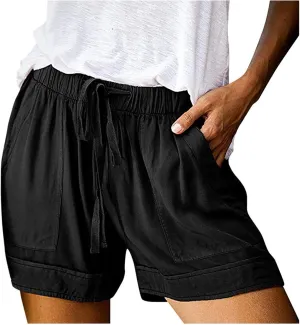 Cotton Shorts for Women High Waisted Outdoor Shorts Knee Length Trendy Drawstring Hiking Shorts with Pockets