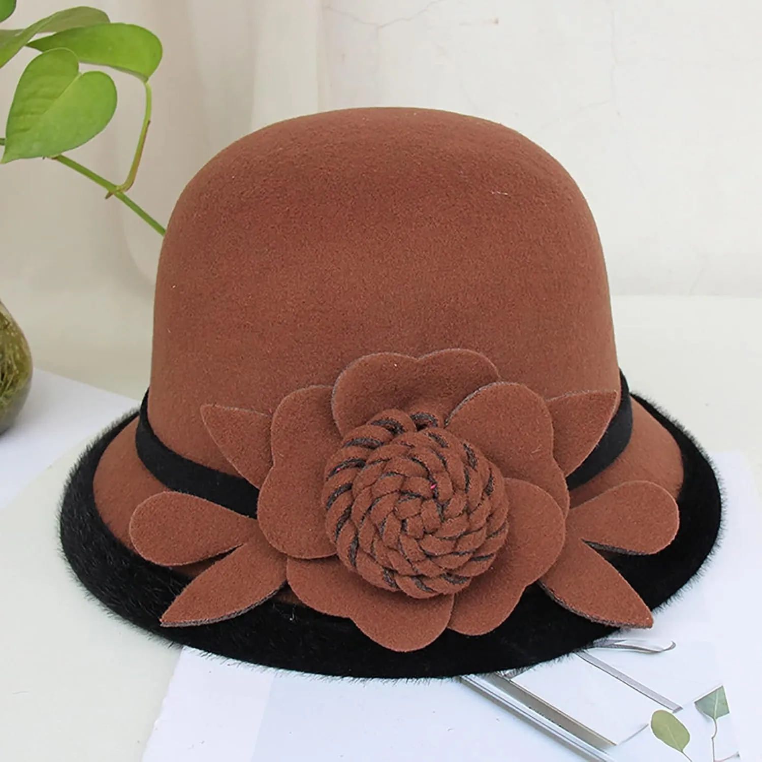 Derby Hats for Women Faux Wool Fascinators Bowler Hats with Flower Vintage Church Tea Party Basin Cap Bucket Caps