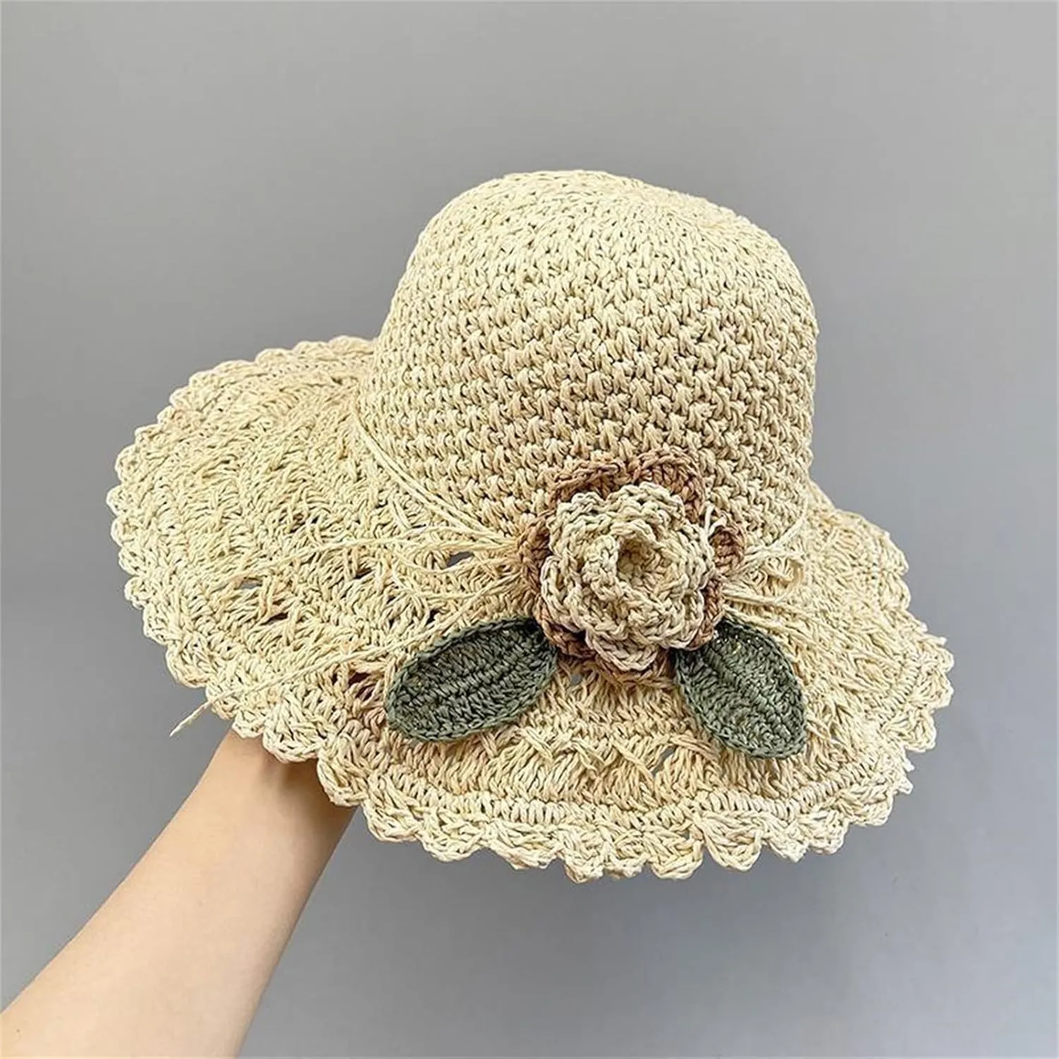 Elegant Crochet Straw Hat with Ruffle Detail Womens Hats Summer Beach Wide Brim Sun Caps UV Protection Cap for Women