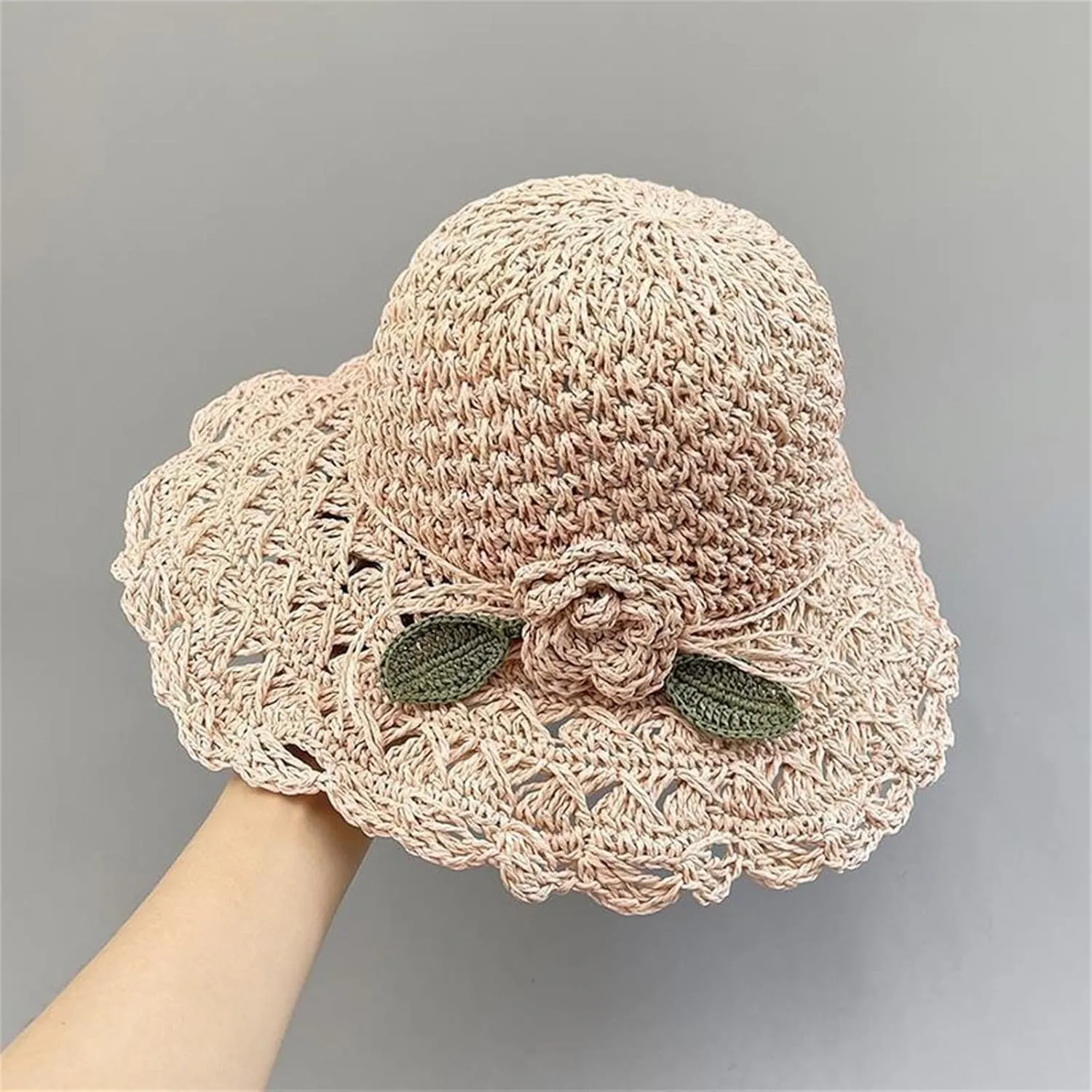 Elegant Crochet Straw Hat with Ruffle Detail Womens Hats Summer Beach Wide Brim Sun Caps UV Protection Cap for Women