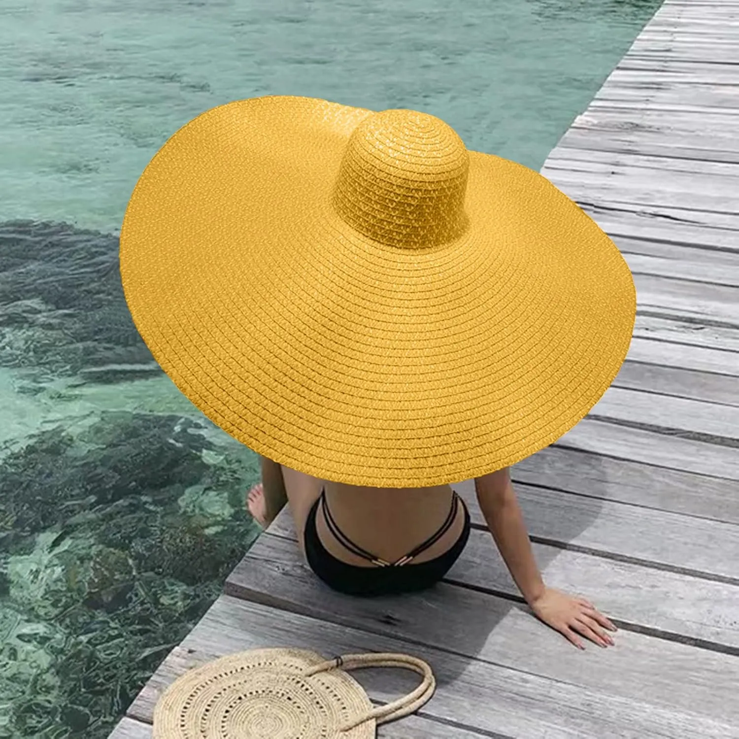 Fashion Oversized Brim Sun Hat Beach Anti-UV Sun Protection Cap Hat UPF 50  Wide Coverage Straw Caps