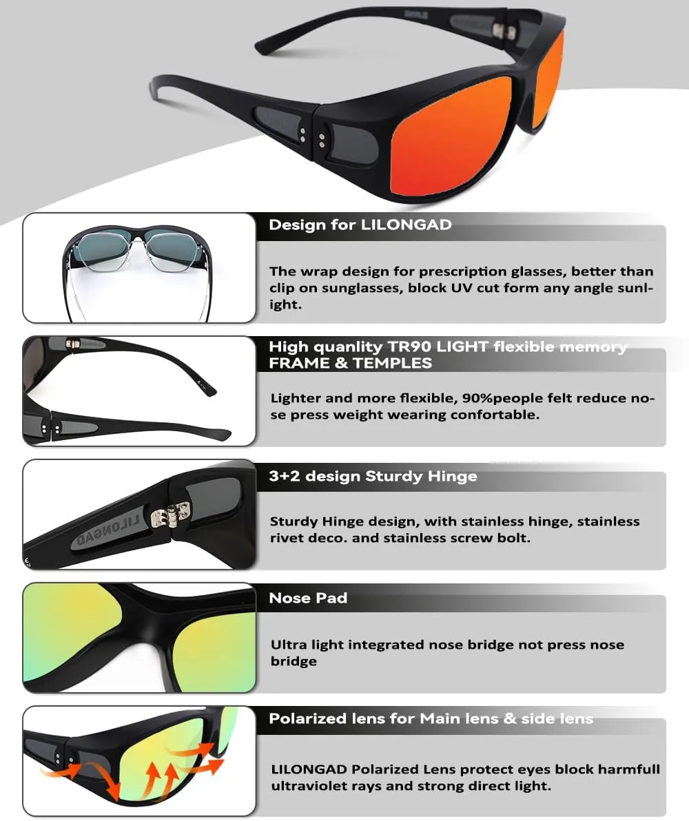 Fit Over Glasses Sunglasses for Men Women,Wrap Around Sunglasses Polarized UV400 Protection Rectangle Sun Glasses