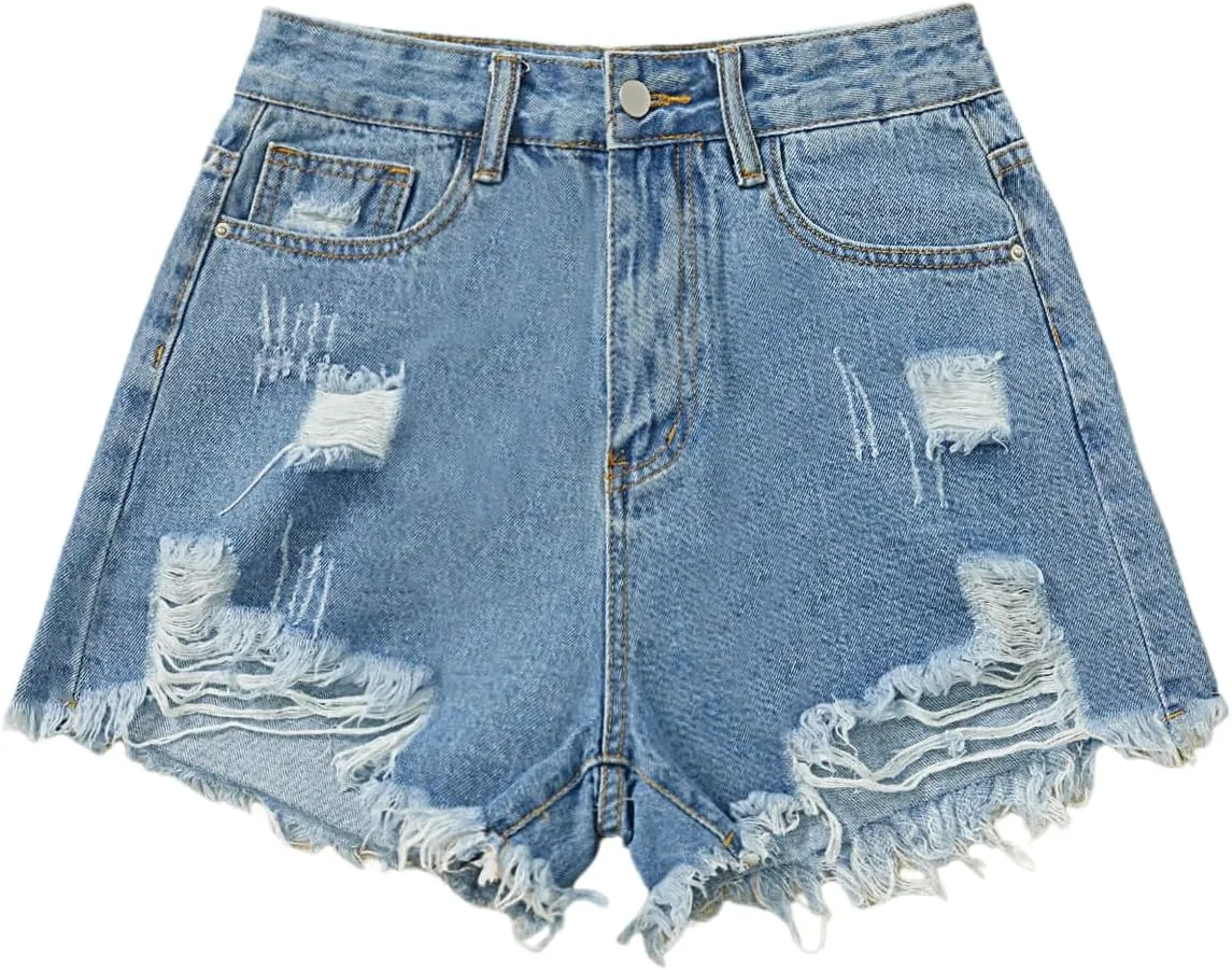 Floerns Women's Distressed Raw Hem Denim Shorts High Waisted Casual Ripped Jean Shorts