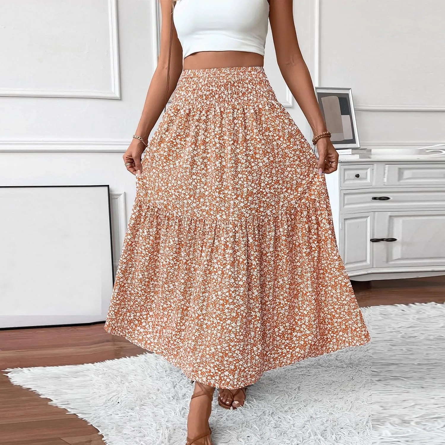Floral Maxi Skirt for Women Summer Elastic High Waisted Beach Vacation Skirts Flowy Splicing A-Line Casual Long Skirts