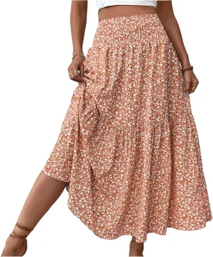 Floral Maxi Skirt for Women Summer Elastic High Waisted Beach Vacation Skirts Flowy Splicing A-Line Casual Long Skirts