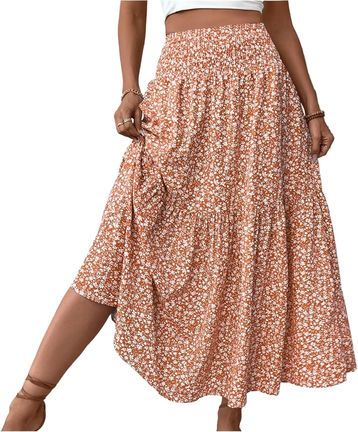 Floral Maxi Skirt for Women Summer Elastic High Waisted Beach Vacation Skirts Flowy Splicing A-Line Casual Long Skirts