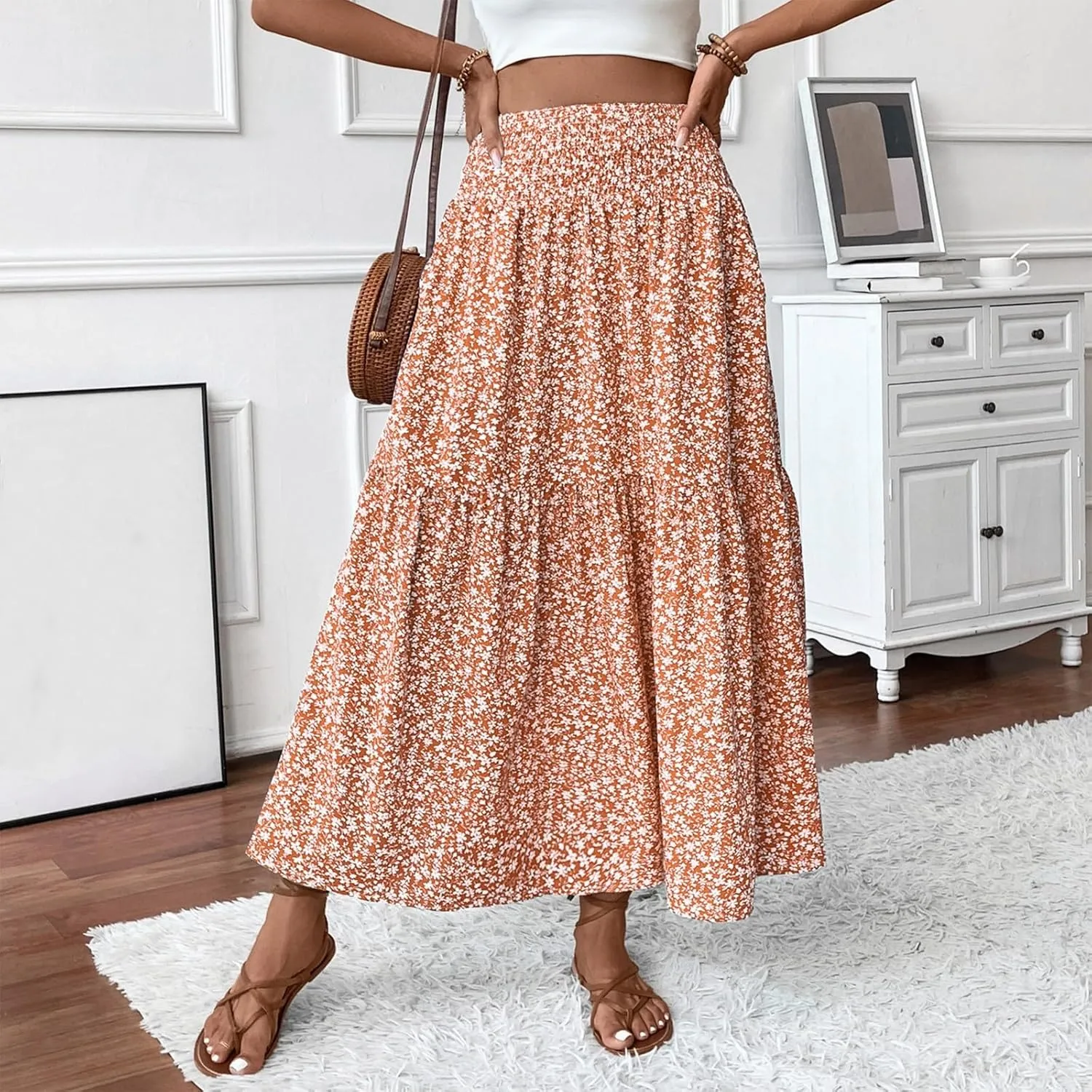 Floral Maxi Skirt for Women Summer Elastic High Waisted Beach Vacation Skirts Flowy Splicing A-Line Casual Long Skirts
