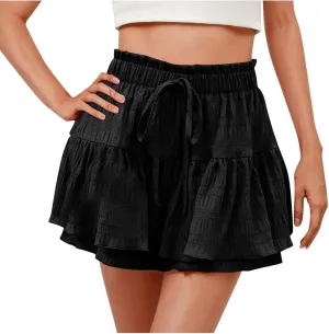 Flowy Shorts for Women Casual Boho Ruffle Tiered Skorts High Waisted Ruffle Tennis Skirts Drawstring Summer Skirt