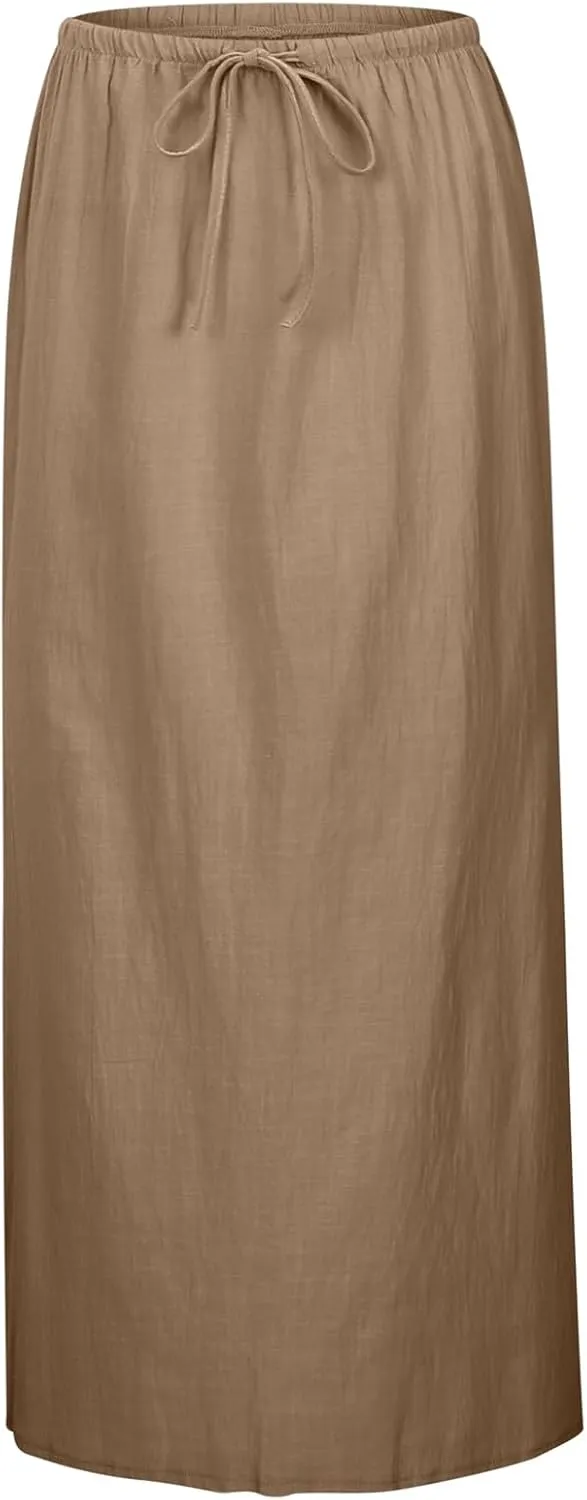 Flowy Skirt Casual Slim Fit Stretchy Drawstring High Elastic Waist Flare Long Skirts for Women Trendy Streetwear