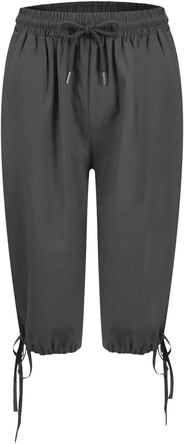 GOFULY Bermuda Shorts for Women Knee Length Cotton Linen Elastic Waist Drawstring Shorts Summer Capris Pants with Pockets