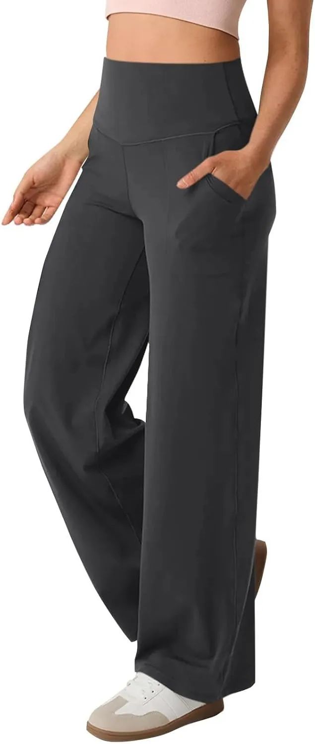 GOKKILRW Women's Yoga Pants Wide Leg Dress Work Pants Tummy Control Stretch High Waist Casual Trousers Slacks with Pockets