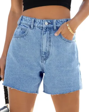 Goranbon Women's High Waisted Jean Shorts Straight Leg Raw Hem Retro Denim Shorts Summer Hot Pants with Pockets