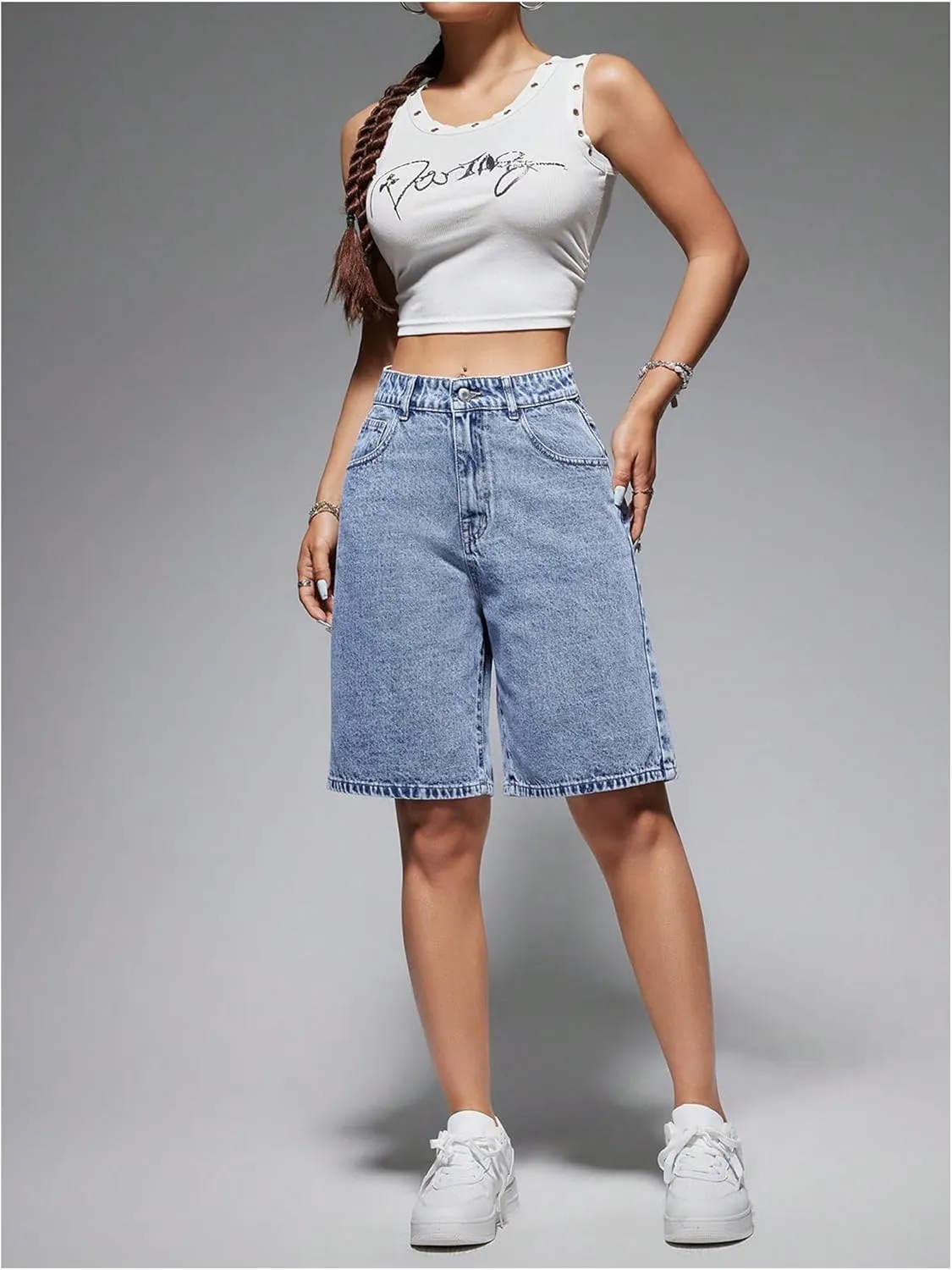 GORGLITTER Women's Bermuda Jean Shorts Jorts High Waisted Trendy Denim Shorts Loose Fit Long Shorts