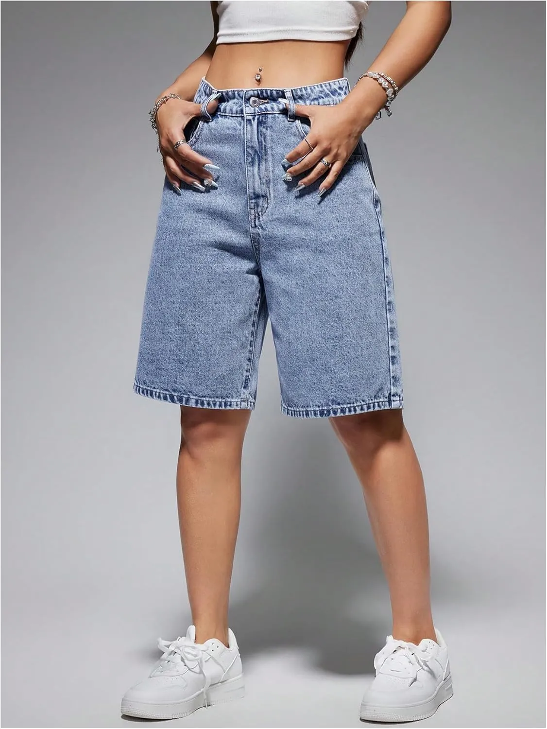 GORGLITTER Women's Bermuda Jean Shorts Jorts High Waisted Trendy Denim Shorts Loose Fit Long Shorts