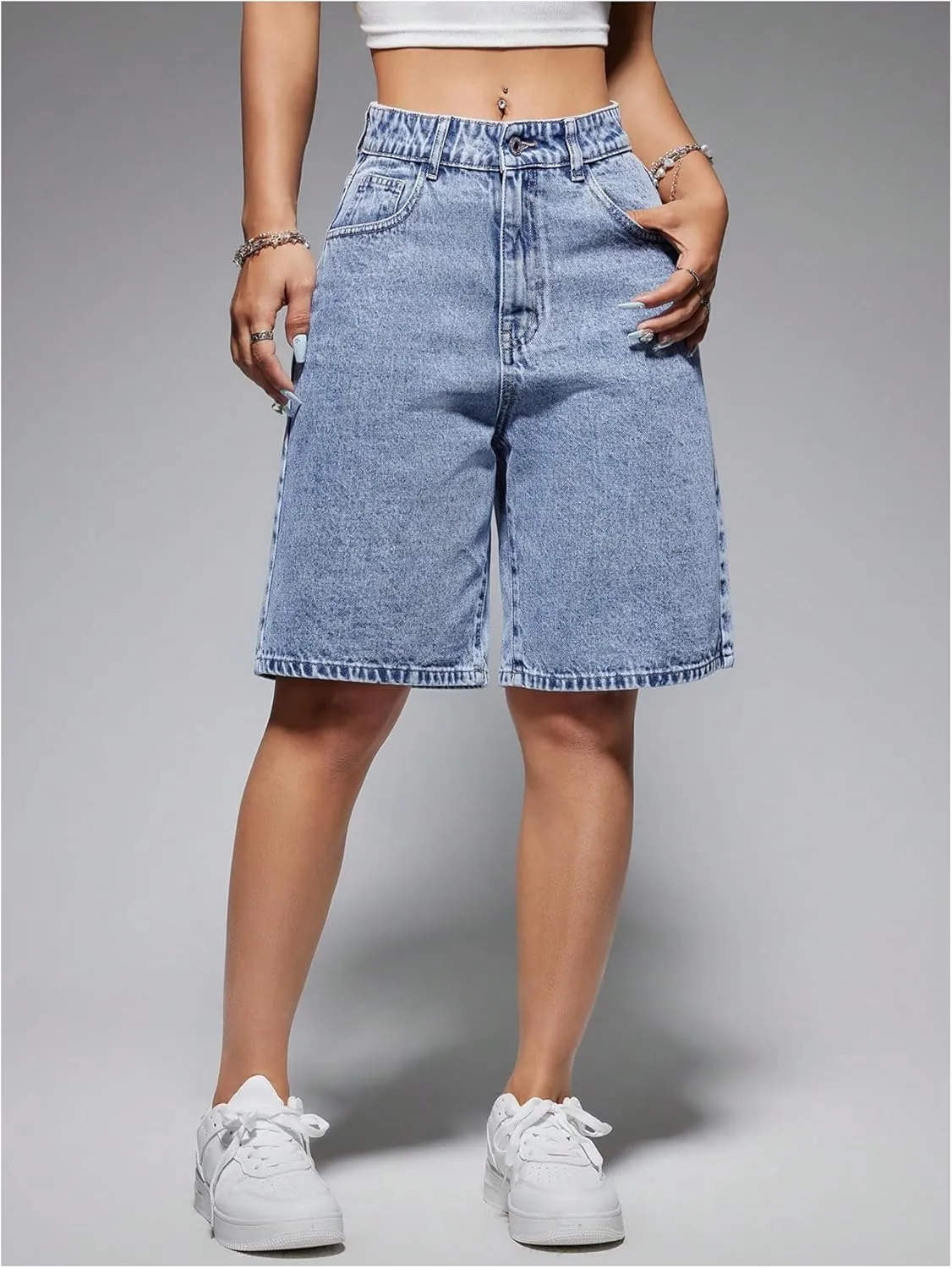 GORGLITTER Women's Bermuda Jean Shorts Jorts High Waisted Trendy Denim Shorts Loose Fit Long Shorts