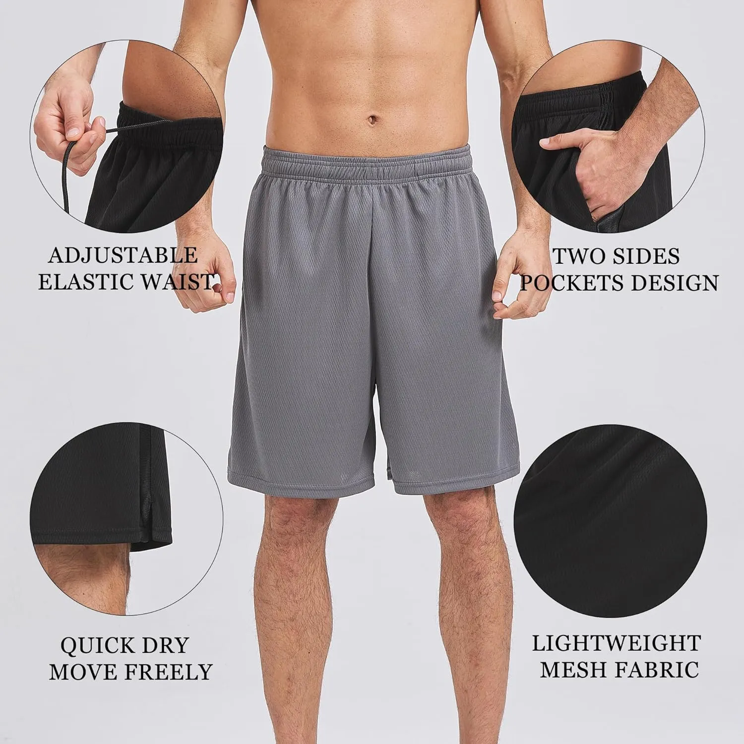 HQUEC Mens Shorts Mesh Gym Lightweight Comfortable 7"/ 5" Basketball Shorts Loose-Fit with Pockets