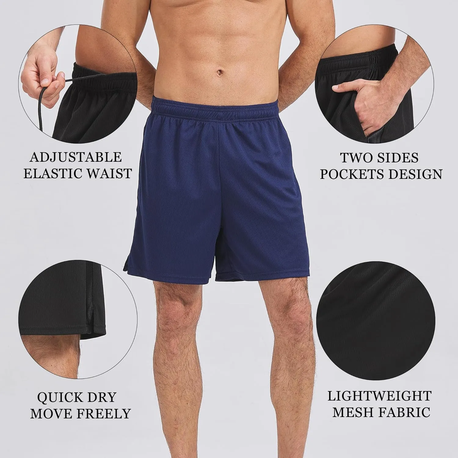 HQUEC Mens Shorts Mesh Gym Lightweight Comfortable 7"/ 5" Basketball Shorts Loose-Fit with Pockets