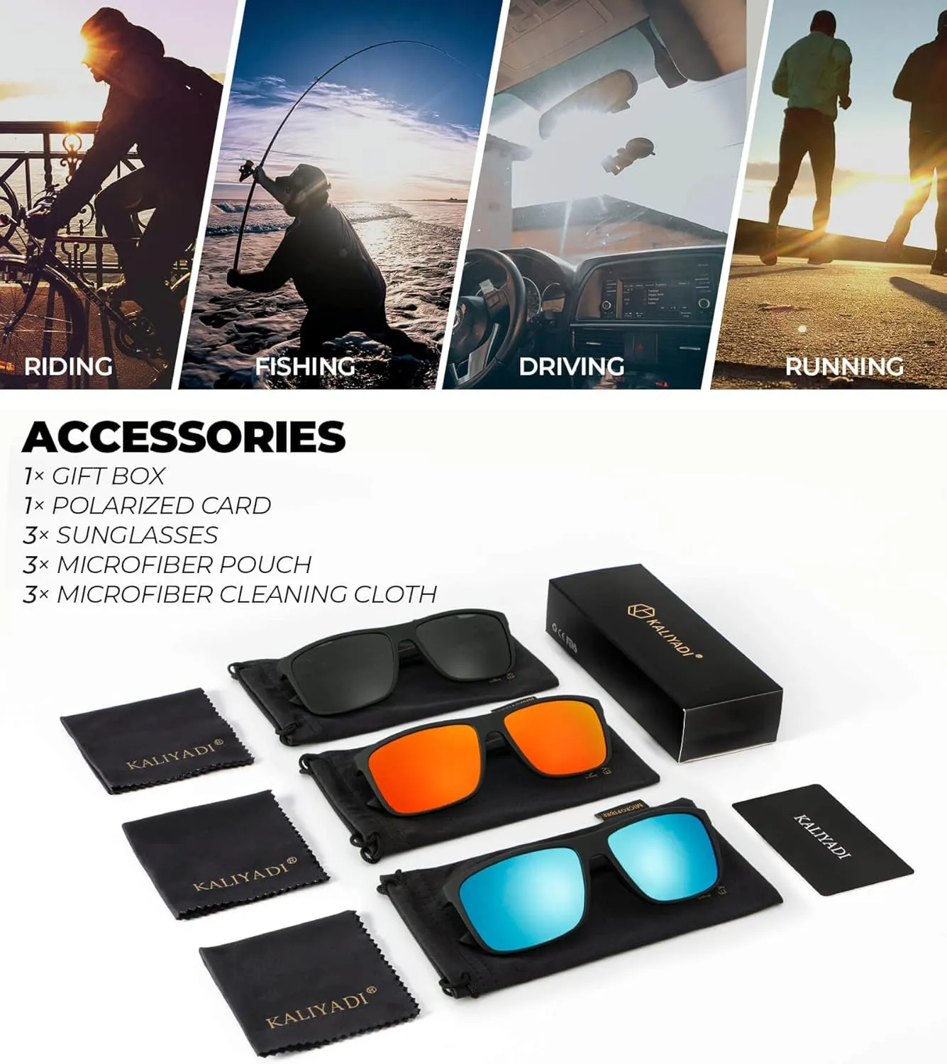 KALIYADI Polarized Sunglasses for Men and Women, Mens Sun Glasses with UV Protection for Driving Fishing Golf (3 Packs)