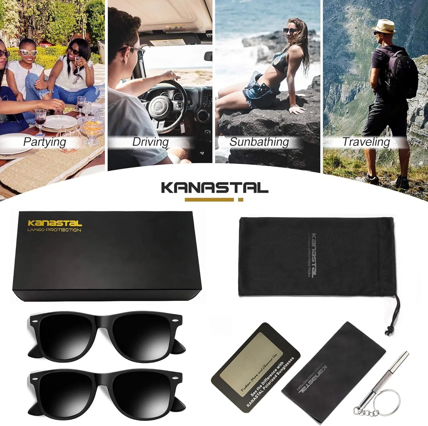 KANASTAL Polarized Sunglasses for Men Women with UV400 Protection Classic Square Sun Glasses Fashion Trendy Shades 2 Pack