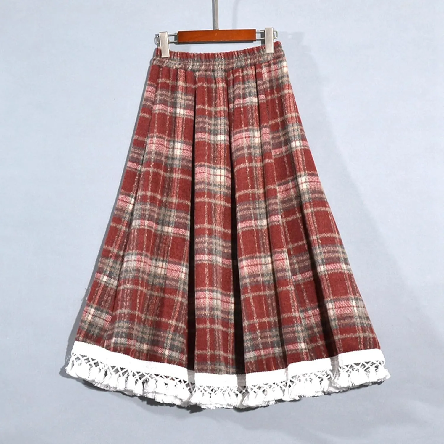 Lace Trim Plaid Skirt for Women Vintage Wool Blend Tiered Elastic Waist A-Line Skirts Ruffle Swing Midi Long Skirts