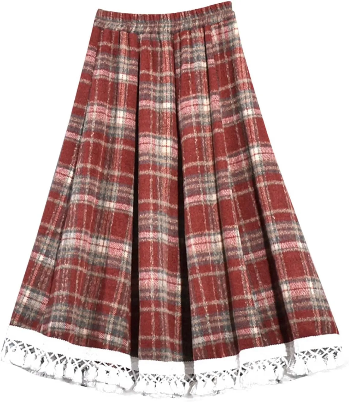 Lace Trim Plaid Skirt for Women Vintage Wool Blend Tiered Elastic Waist A-Line Skirts Ruffle Swing Midi Long Skirts