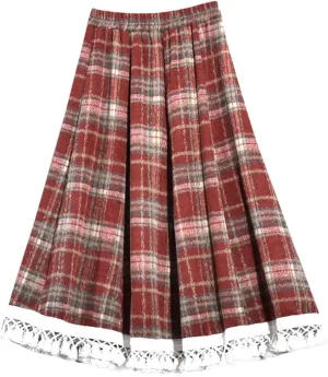 Lace Trim Plaid Skirt for Women Vintage Wool Blend Tiered Elastic Waist A-Line Skirts Ruffle Swing Midi Long Skirts