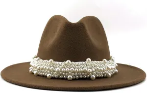Lady British Fashion Elegant Wide Brim Felt Fedora Panama Hat with Pearl Ring Women Men Classic Woolen Felt Fedora Hats