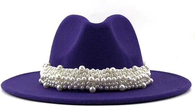 Lady British Fashion Elegant Wide Brim Felt Fedora Panama Hat with Pearl Ring Women Men Classic Woolen Felt Fedora Hats