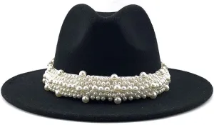 Lady British Fashion Elegant Wide Brim Felt Fedora Panama Hat with Pearl Ring Women Men Classic Woolen Felt Fedora Hats