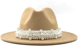 Lady British Fashion Elegant Wide Brim Felt Fedora Panama Hat with Pearl Ring Women Men Classic Woolen Felt Fedora Hats