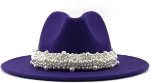 Lady British Fashion Elegant Wide Brim Felt Fedora Panama Hat with Pearl Ring Women Men Classic Woolen Felt Fedora Hats