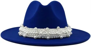 Lady British Fashion Elegant Wide Brim Felt Fedora Panama Hat with Pearl Ring Women Men Classic Woolen Felt Fedora Hats
