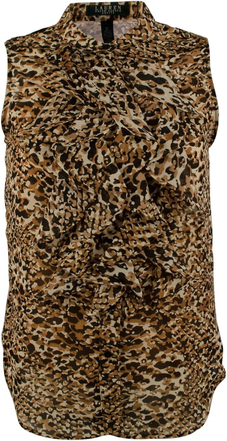 Lauren Women's Petite Sleeveless Ruffled Button-Down Blouse 14P Multi-Color