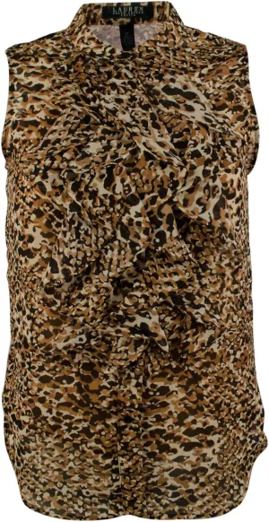 Lauren Women's Petite Sleeveless Ruffled Button-Down Blouse 14P Multi-Color