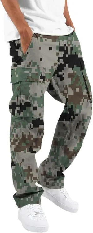 LCMTWX Sweat Pants Camouflage Print Cargo Pants Drawstring Stretch Elastic Waist Tapered Pants with Pockets Mens Elastic