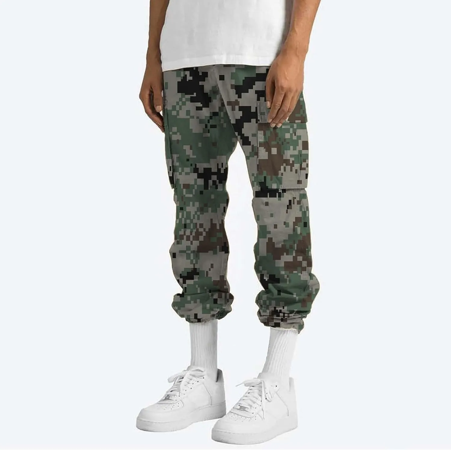 LCMTWX Sweat Pants Camouflage Print Cargo Pants Drawstring Stretch Elastic Waist Tapered Pants with Pockets Mens Elastic