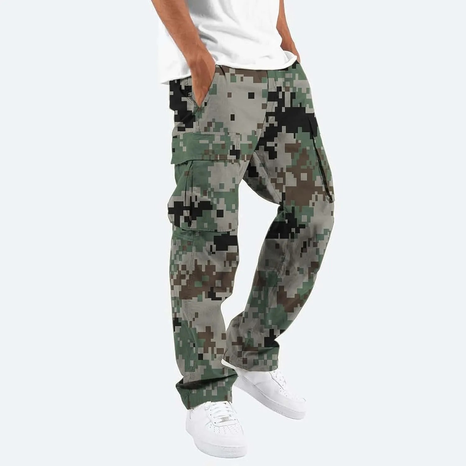 LCMTWX Sweat Pants Camouflage Print Cargo Pants Drawstring Stretch Elastic Waist Tapered Pants with Pockets Mens Elastic
