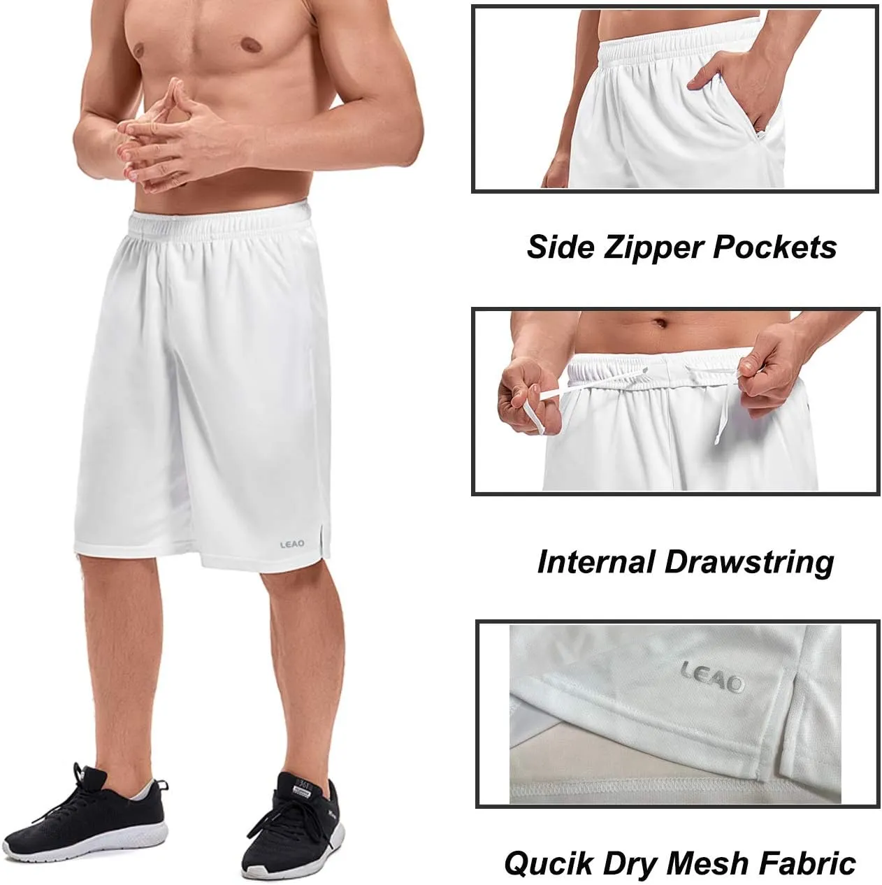 LEAO Men's Basketball Shorts with Zipper Pockets Quick Dry Loose-fit Sports Workout Running Shorts