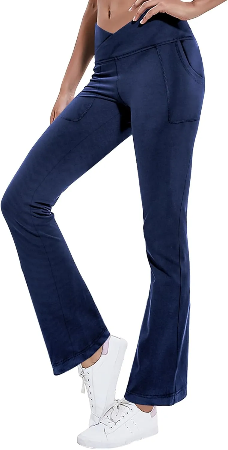 Leggings with Pockets for Girls Solid Black Stretch High Waist Tummy Control Workout Dance Bootcut Yoga Pants