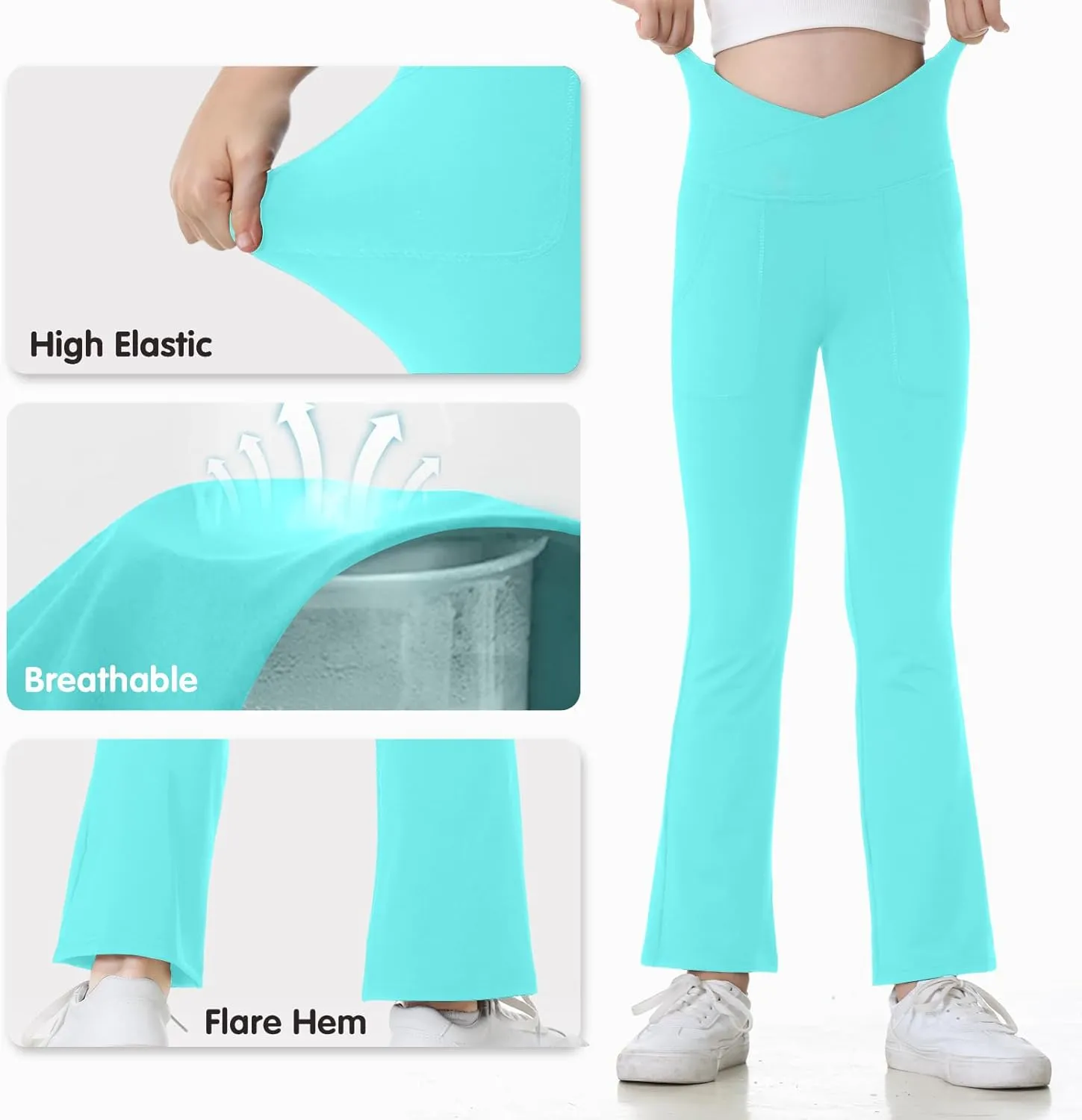 Leggings with Pockets for Girls Solid Black Stretch High Waist Tummy Control Workout Dance Bootcut Yoga Pants