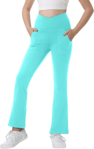 Leggings with Pockets for Girls Solid Black Stretch High Waist Tummy Control Workout Dance Bootcut Yoga Pants