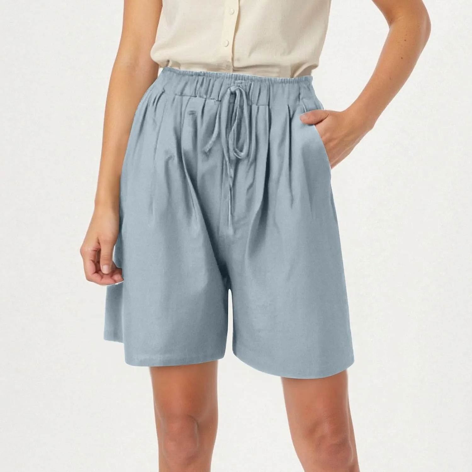Linen Bermuda Shorts for Women Wide Leg Elastic Waisted Shorts Casual Summer Flowy Trouser Short Pants with Pockets