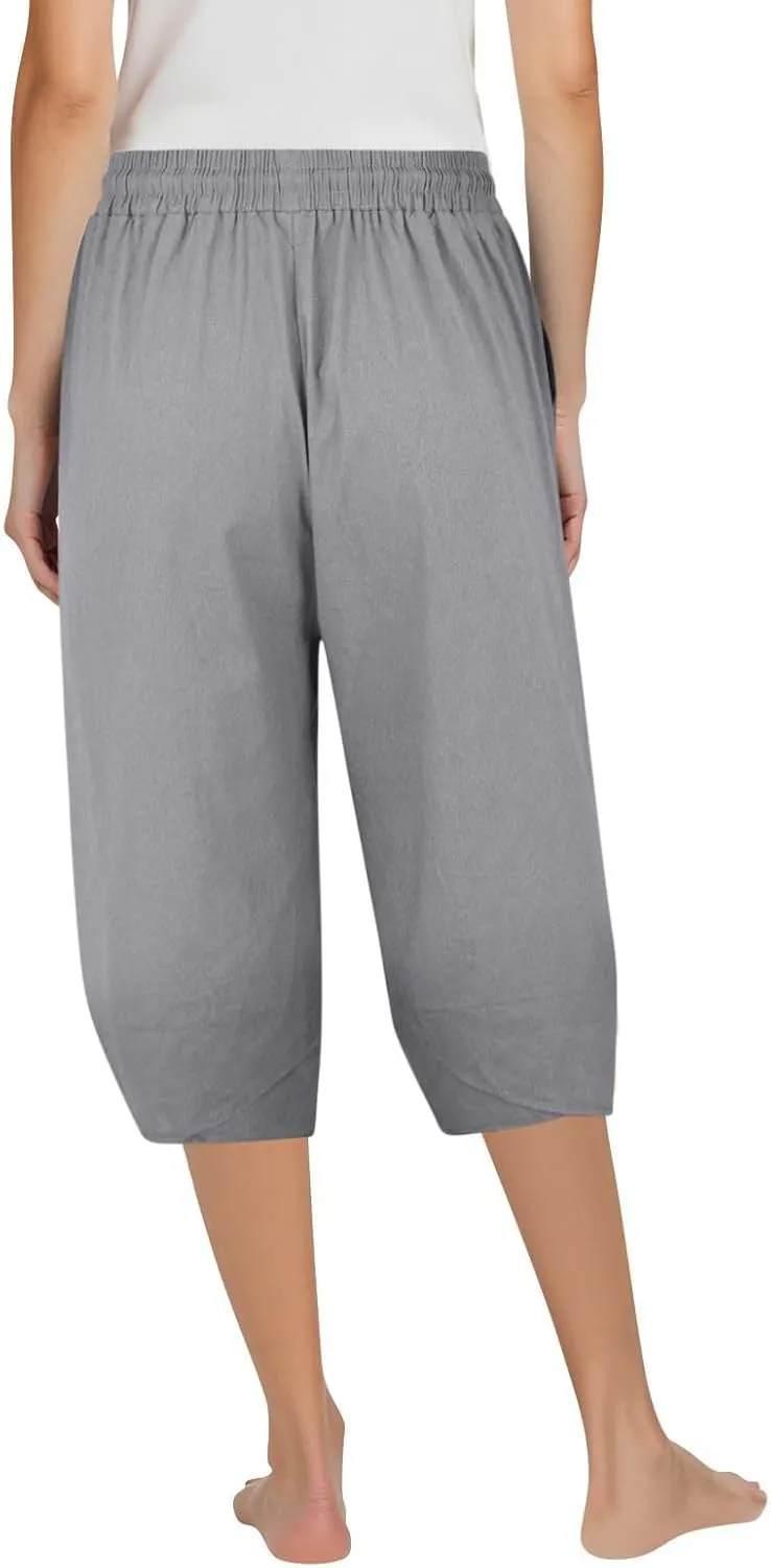 Linen Capri Pants for Women Casual High Waist Tapered Leg Lounge Pants Elastic Waist Baggy Crop Trousers Beach Outfit