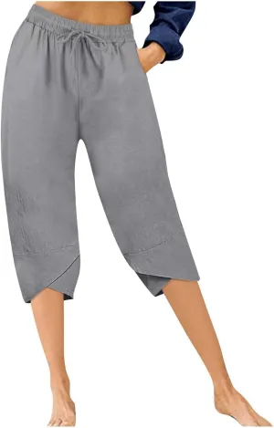 Linen Capri Pants for Women Casual High Waist Tapered Leg Lounge Pants Elastic Waist Baggy Crop Trousers Beach Outfit