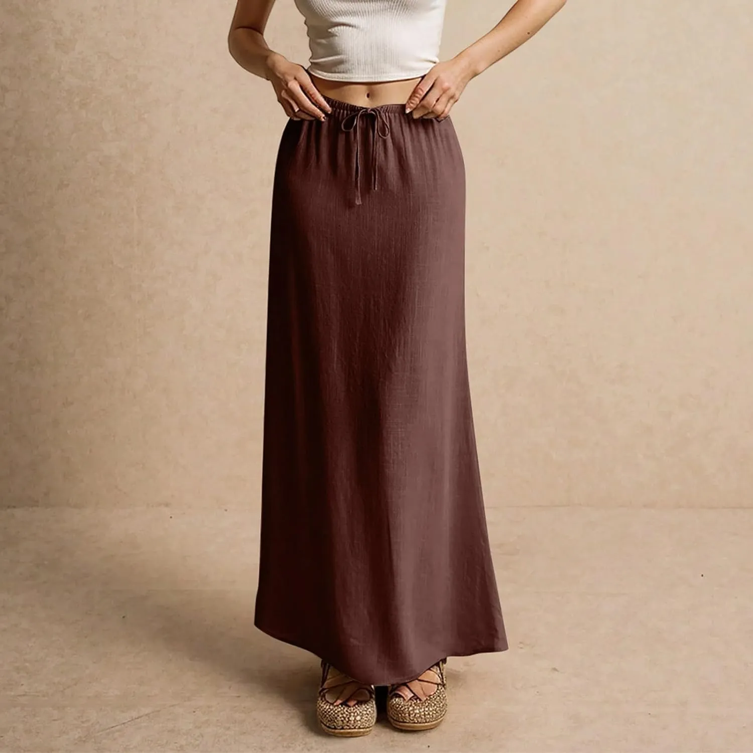 Linen Maxi Skirts for Women Trendy Summer Comfy Drawstring Waist A Line Skirts Cute Vacation Long Flowy Skirts