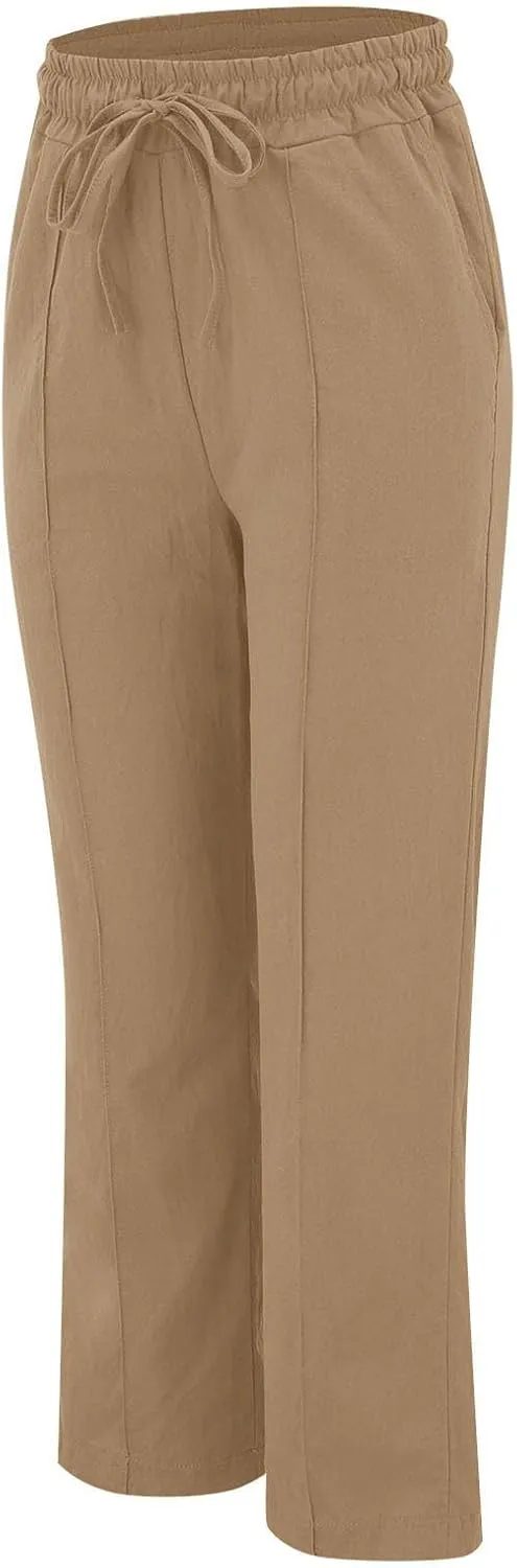 Linen Pants Women Plus Size Breathable Lightweight Cotton Straight Leg Pants Loose Fit Casual Summer Beach Trouser