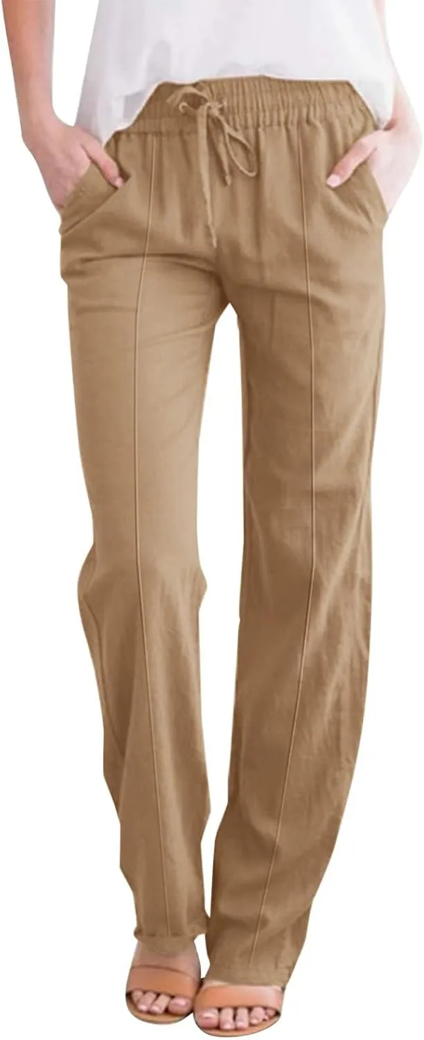 Linen Pants Women Plus Size Breathable Lightweight Cotton Straight Leg Pants Loose Fit Casual Summer Beach Trouser