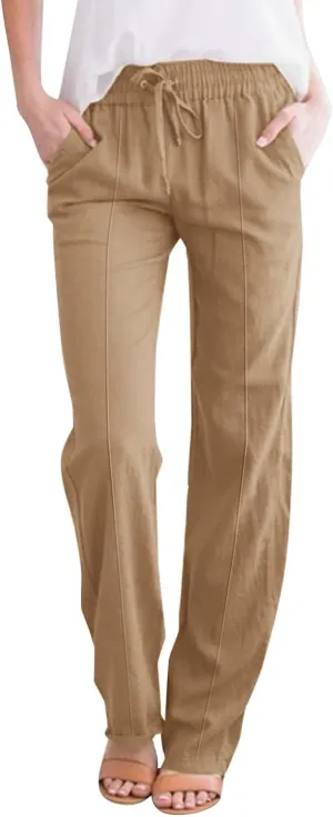 Linen Pants Women Plus Size Breathable Lightweight Cotton Straight Leg Pants Loose Fit Casual Summer Beach Trouser