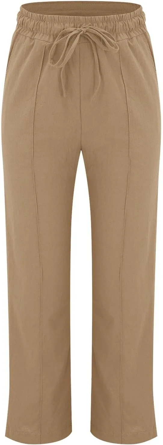 Linen Pants Women Plus Size Breathable Lightweight Cotton Straight Leg Pants Loose Fit Casual Summer Beach Trouser